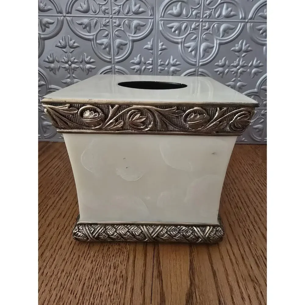 Vintage Bronze & Ivory Faux Marble Pearl Tissue Box Cube Cover